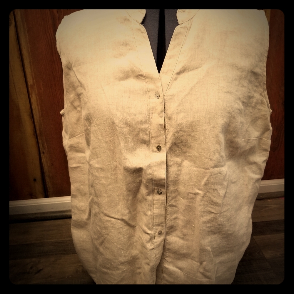 Cherokee Sleeveless Button-down Tan Shirt Plus Sz